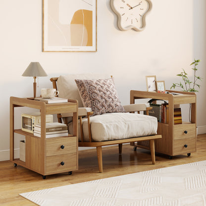 Modern 2-Drawer Sofa Side Table with Open Shelves-Natural