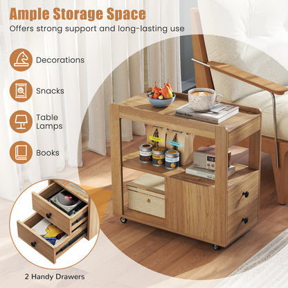 Modern 2-Drawer Sofa Side Table with Open Shelves-Natural