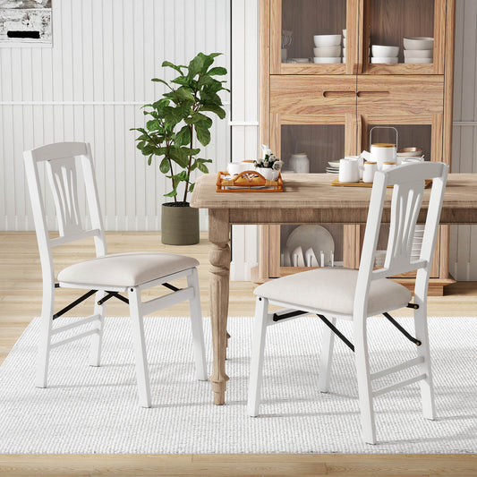 Set of 2 Folding Dining Chairs with Soft Padded Seat and Hollow-out Backrest-White