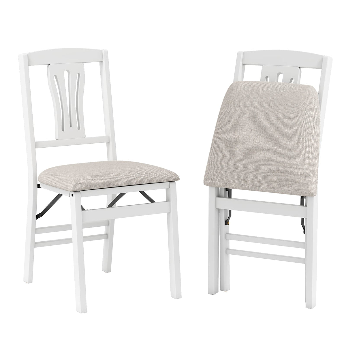 Set of 2 Folding Dining Chairs with Soft Padded Seat and Hollow-out Backrest-White