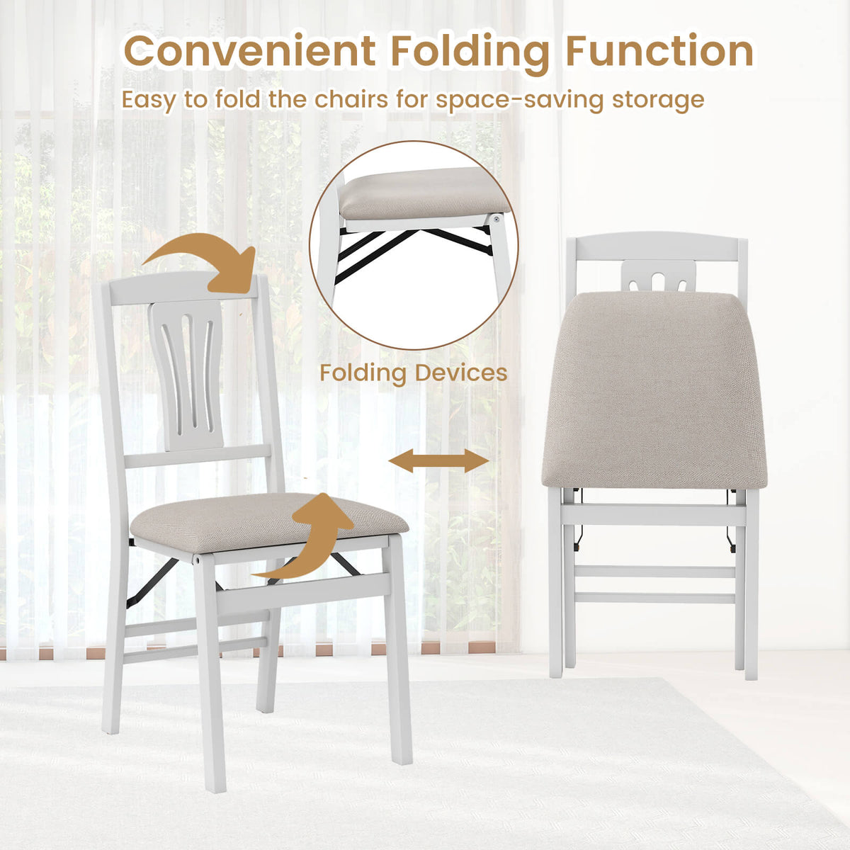 Set of 2 Folding Dining Chairs with Soft Padded Seat and Hollow-out Backrest-White