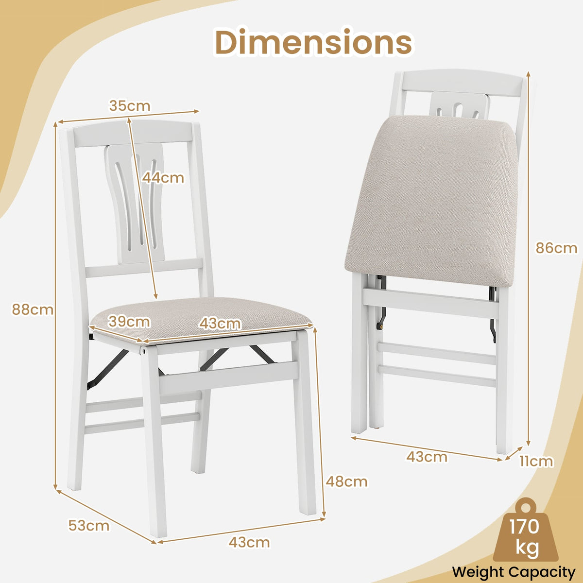 Set of 2 Folding Dining Chairs with Soft Padded Seat and Hollow-out Backrest-White