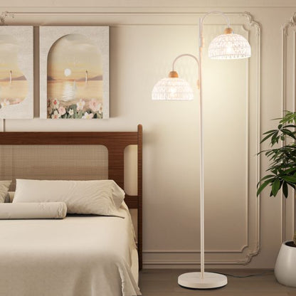 2 Light Floor Lamp with Foot Switch and Woven Lampshades-White