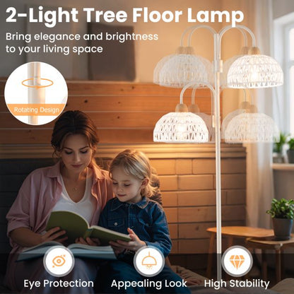 2 Light Floor Lamp with Foot Switch and Woven Lampshades-White