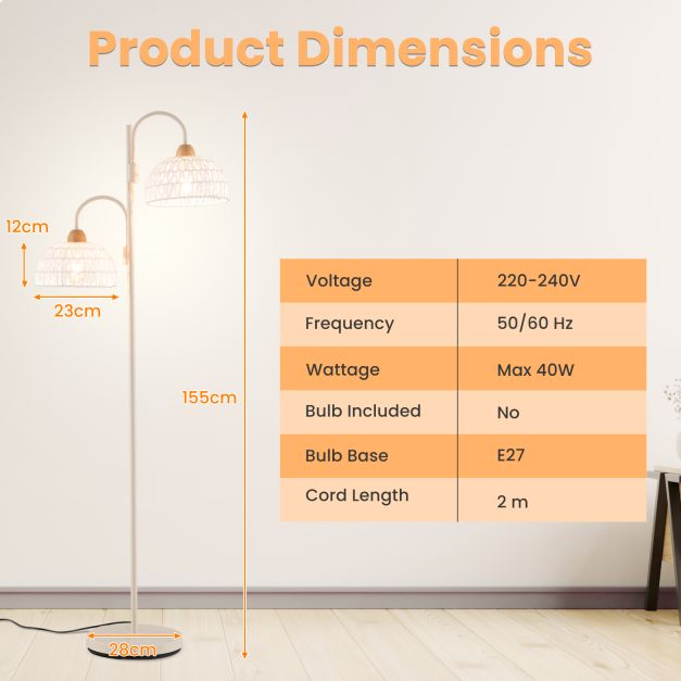 2 Light Floor Lamp with Foot Switch and Woven Lampshades-White