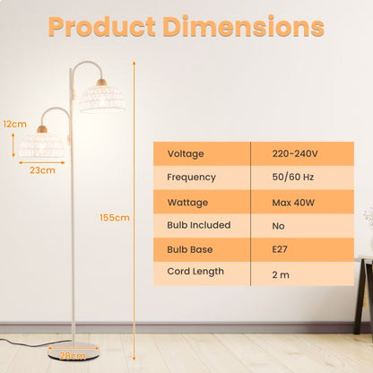 2 Light Floor Lamp with Foot Switch and Woven Lampshades-White