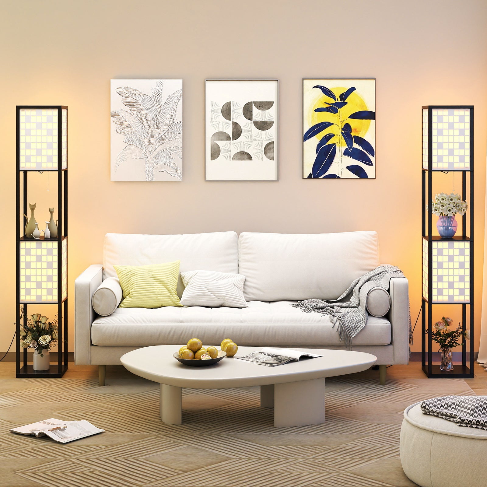 2-Light Floor Lamp with Shelves Wooden Shelf Lamp with 2 Cut-out Patterned Lampshades-Size 1