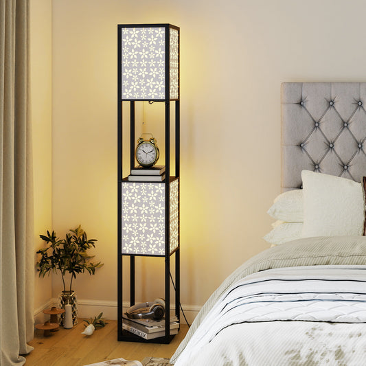 2-Light Floor Lamp with Shelves Wooden Shelf Lamp with 2 Cut-out Patterned Lampshades-Size 2