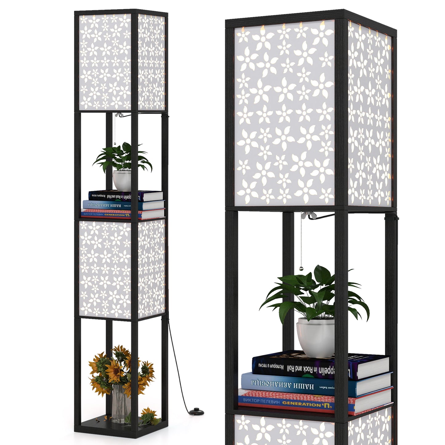 2-Light Floor Lamp with Shelves Wooden Shelf Lamp with 2 Cut-out Patterned Lampshades-Size 2