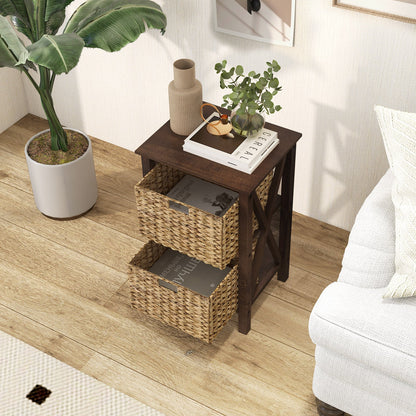Set of 2 Nightstands Drawer Sofa Side Table with Seagrass Baskets-Walnut-2-Tier