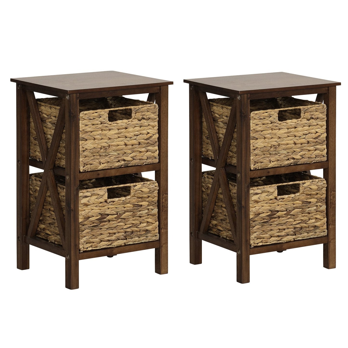 Set of 2 Nightstands Drawer Sofa Side Table with Seagrass Baskets-Walnut-2-Tier