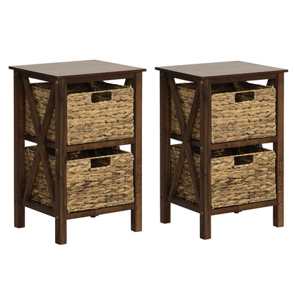 Set of 2 Nightstands Drawer Sofa Side Table with Seagrass Baskets-Walnut-2-Tier