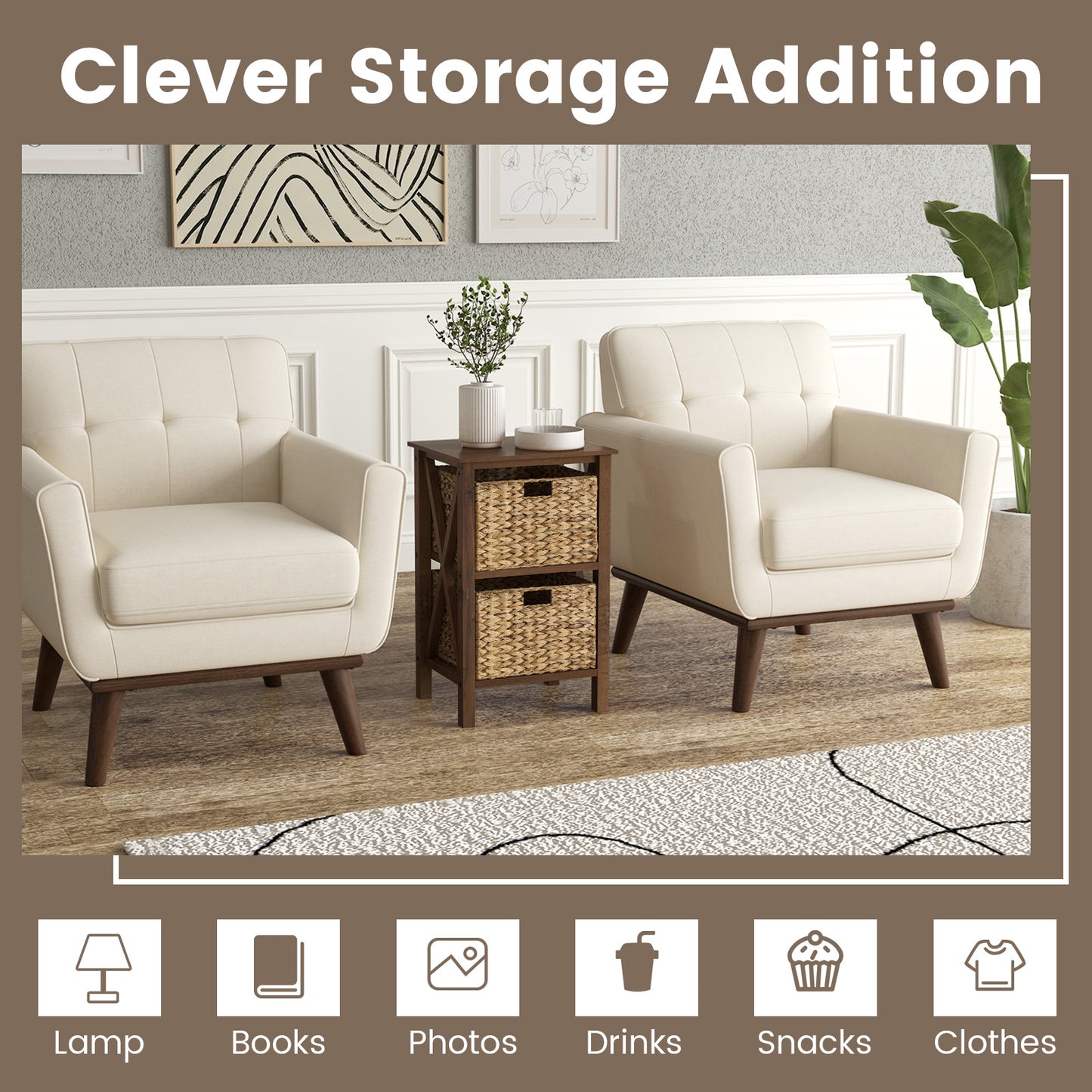 Set of 2 Nightstands Drawer Sofa Side Table with Seagrass Baskets-Walnut-2-Tier