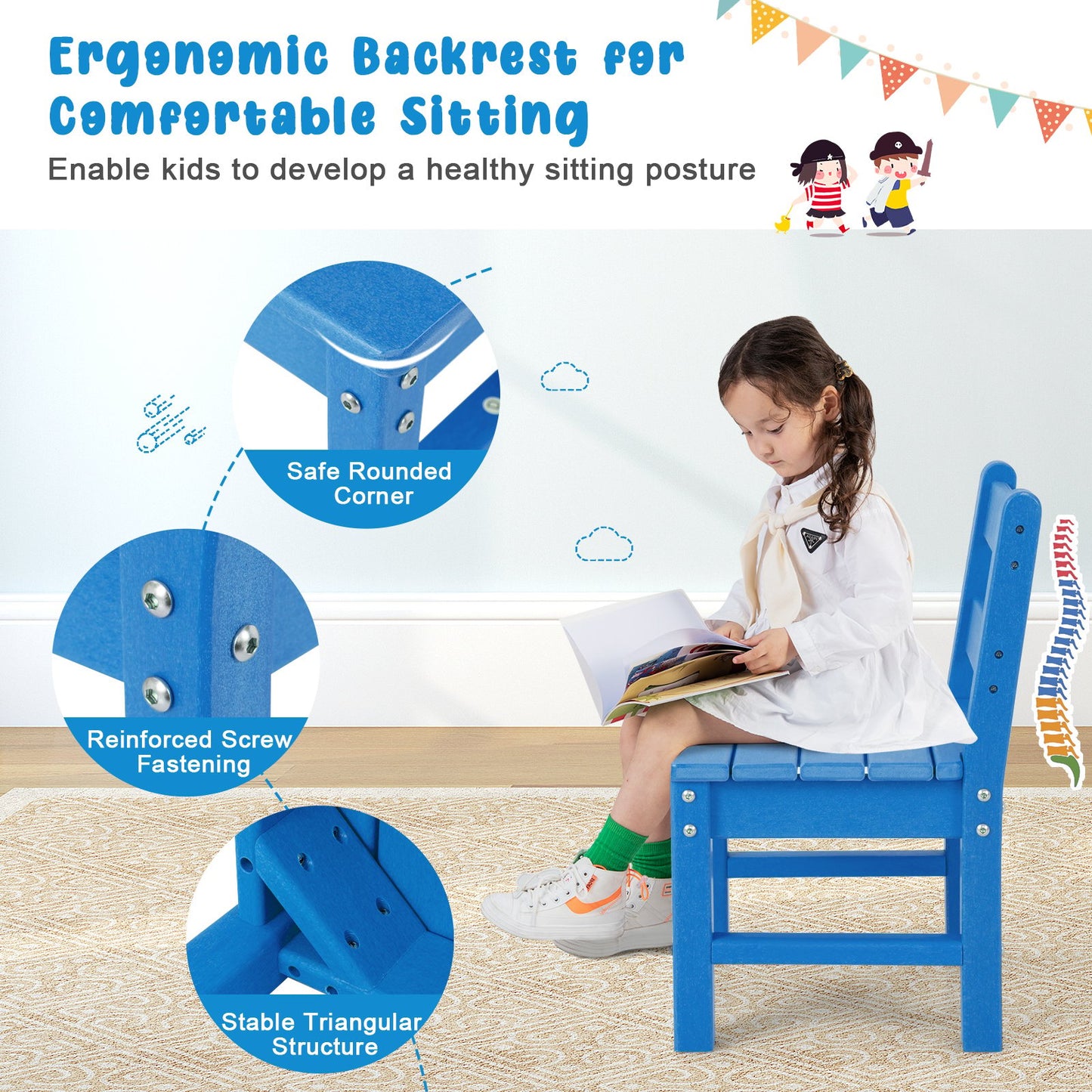 2 PCS Kids Indoor Outdoor Learning Chair with Backrest-Blue