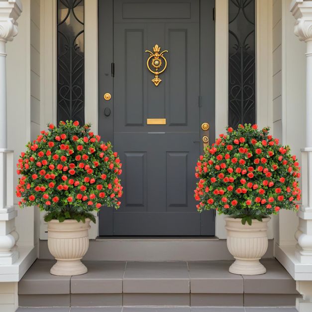 2 Pack Artificial Rose Topiary Ball Tree with Flowers and Plastic Nursery Pot-Rose