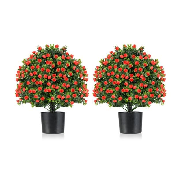2 Pack Artificial Rose Topiary Ball Tree with Flowers and Plastic Nursery Pot-Rose