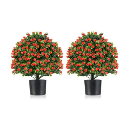 2 Pack Artificial Rose Topiary Ball Tree with Flowers and Plastic Nursery Pot-Rose