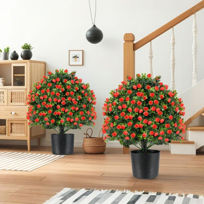 2 Pack Artificial Rose Topiary Ball Tree with Flowers and Plastic Nursery Pot-Rose