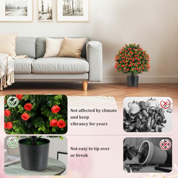 2 Pack Artificial Rose Topiary Ball Tree with Flowers and Plastic Nursery Pot-Rose