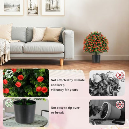 2 Pack Artificial Rose Topiary Ball Tree with Flowers and Plastic Nursery Pot-Rose