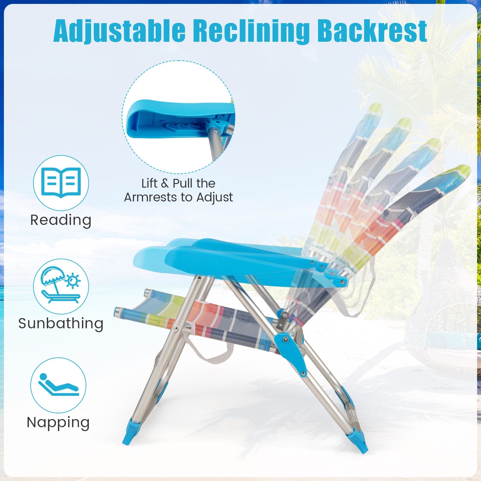 2 Pack Foldable Beach Chair with Armrests and Carry Strap-Colourful-M