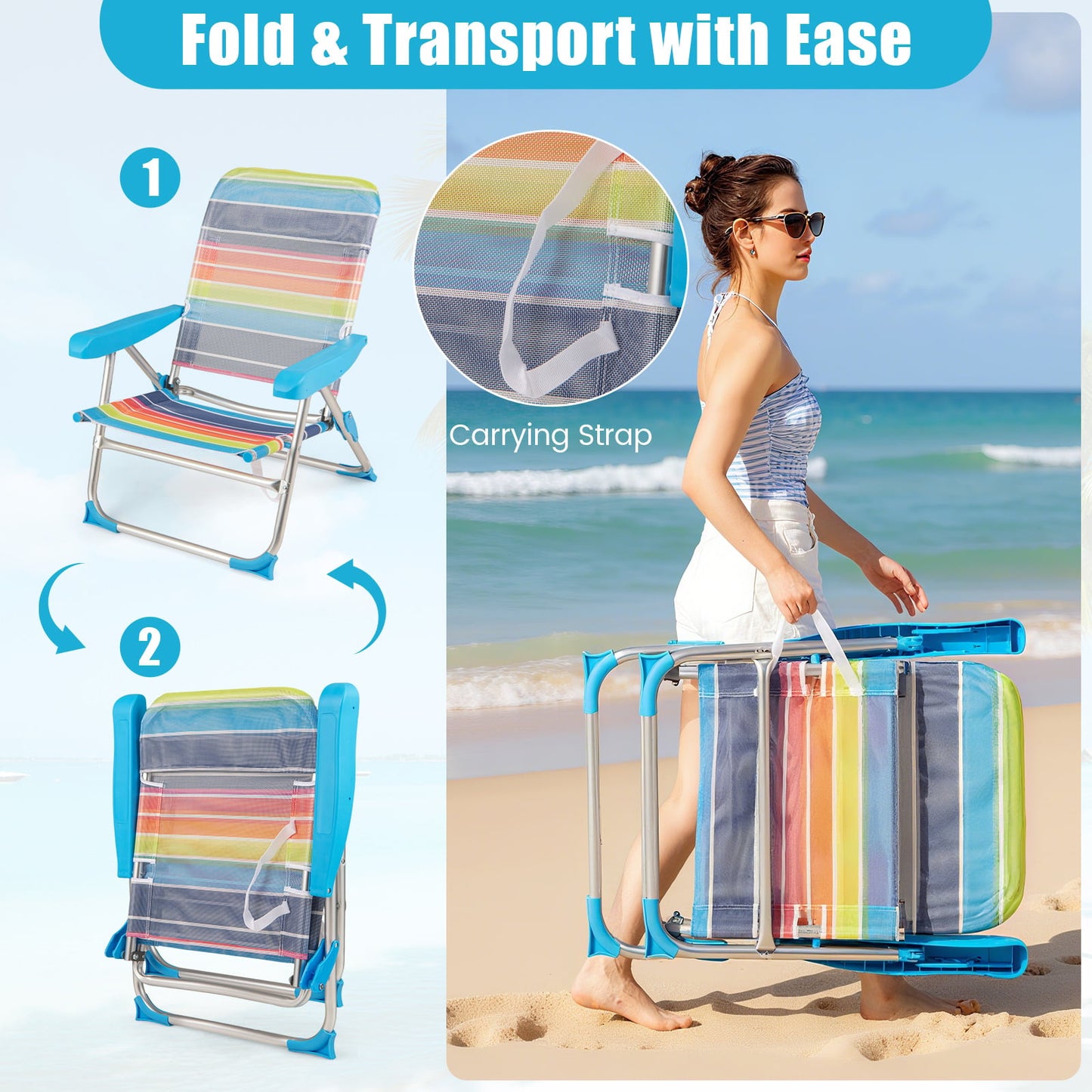 2 Pack Foldable Beach Chair with Armrests and Carry Strap-Colourful-M