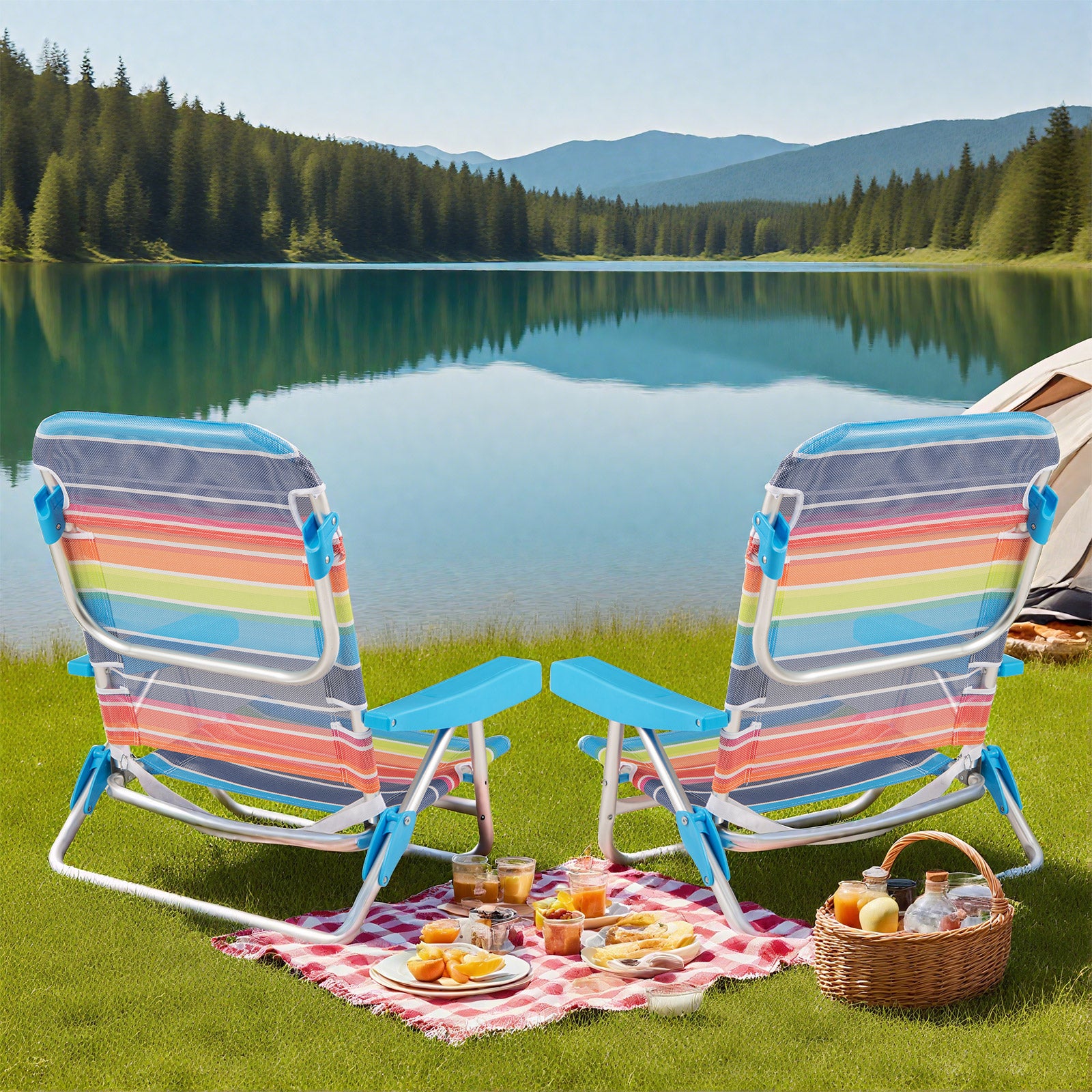 2 Pack Foldable Beach Chair with Armrests and Carry Strap-Colourful-S