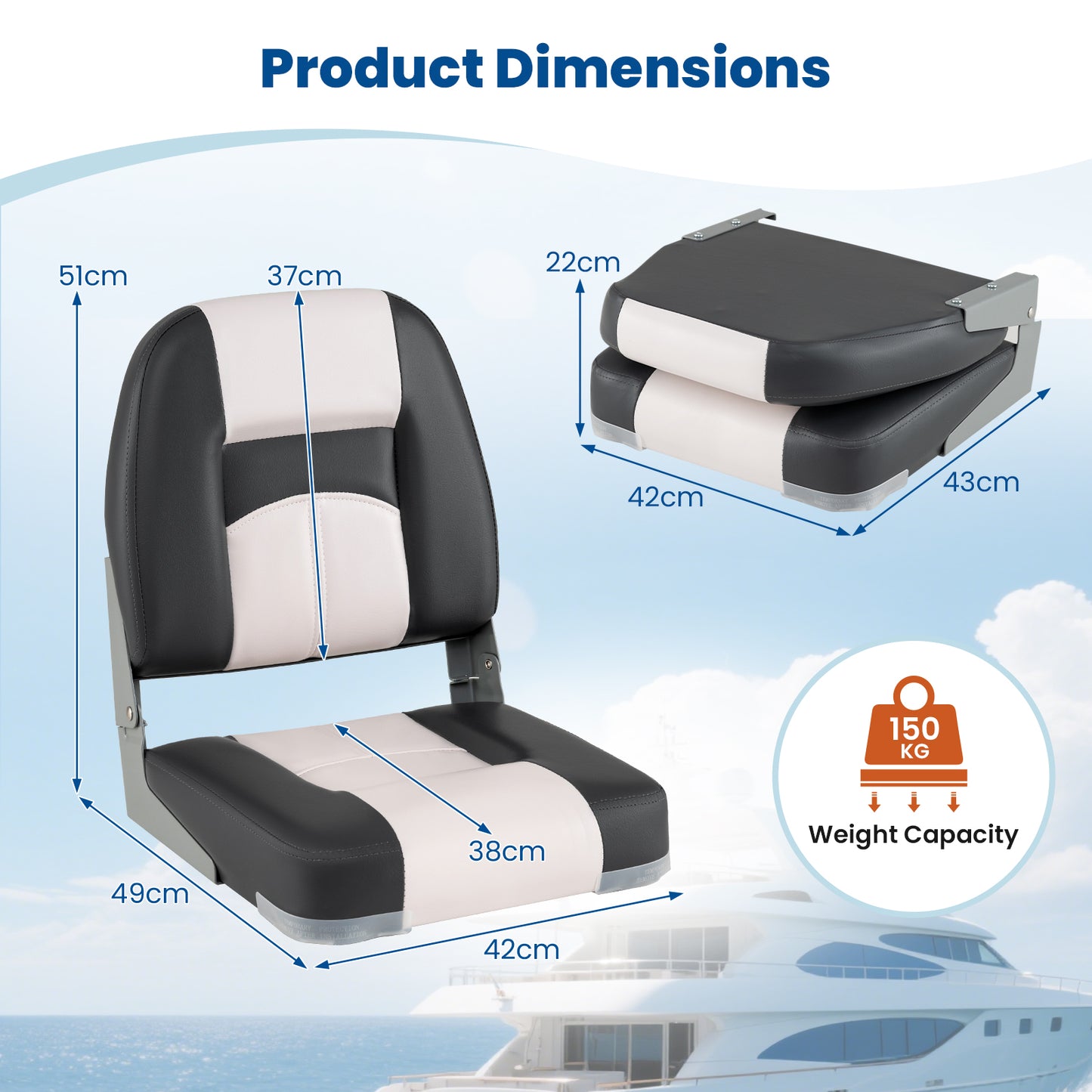 2-Pack Boat Seats with Thick Sponge Padding-Grey