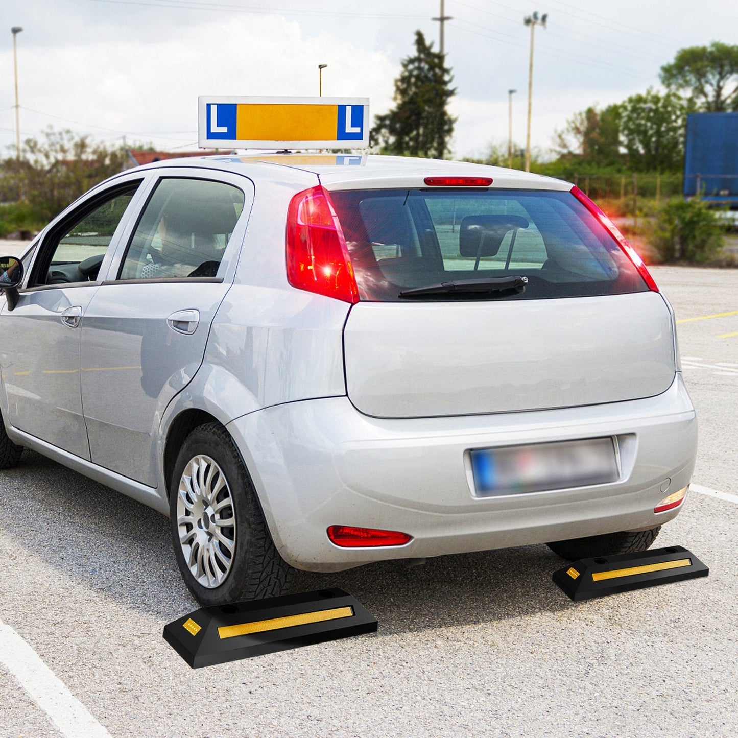 2 Pack Garage Vehicle Floor Stopper with Reflective Stripes-Yellow & Black