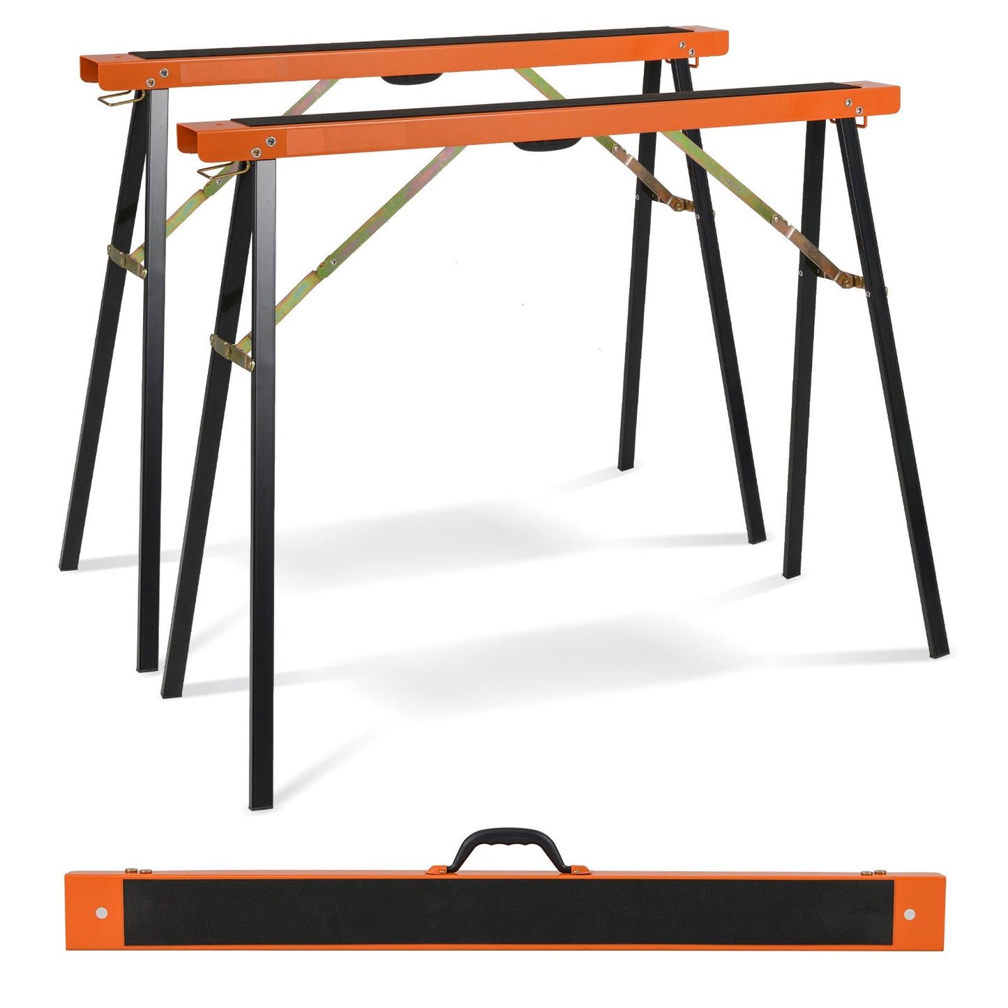 2-Pack Portable Sawhorses with Non-slip Top and Hinge Brace-Black & Orange