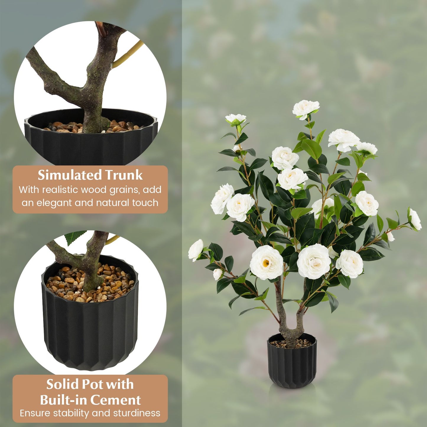 1/2 Pieces 95cm Artificial Camellia Tree with Flowers and Rain-Flower Pebbles-White-1 Piece