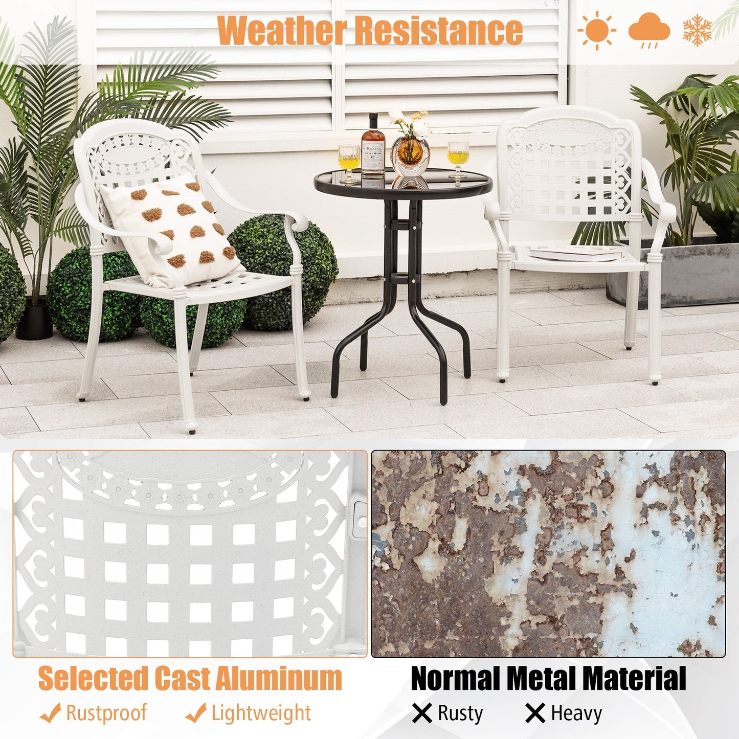 Cast Aluminum Patio Chairs Set of 2 Dining Stackable Outdoor-White