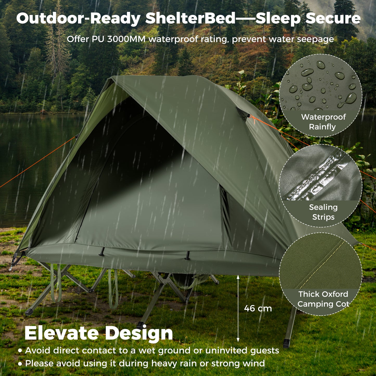 2-Person Camping Cot Tent Foldable Off-Ground Camping Combo for Adults-Green