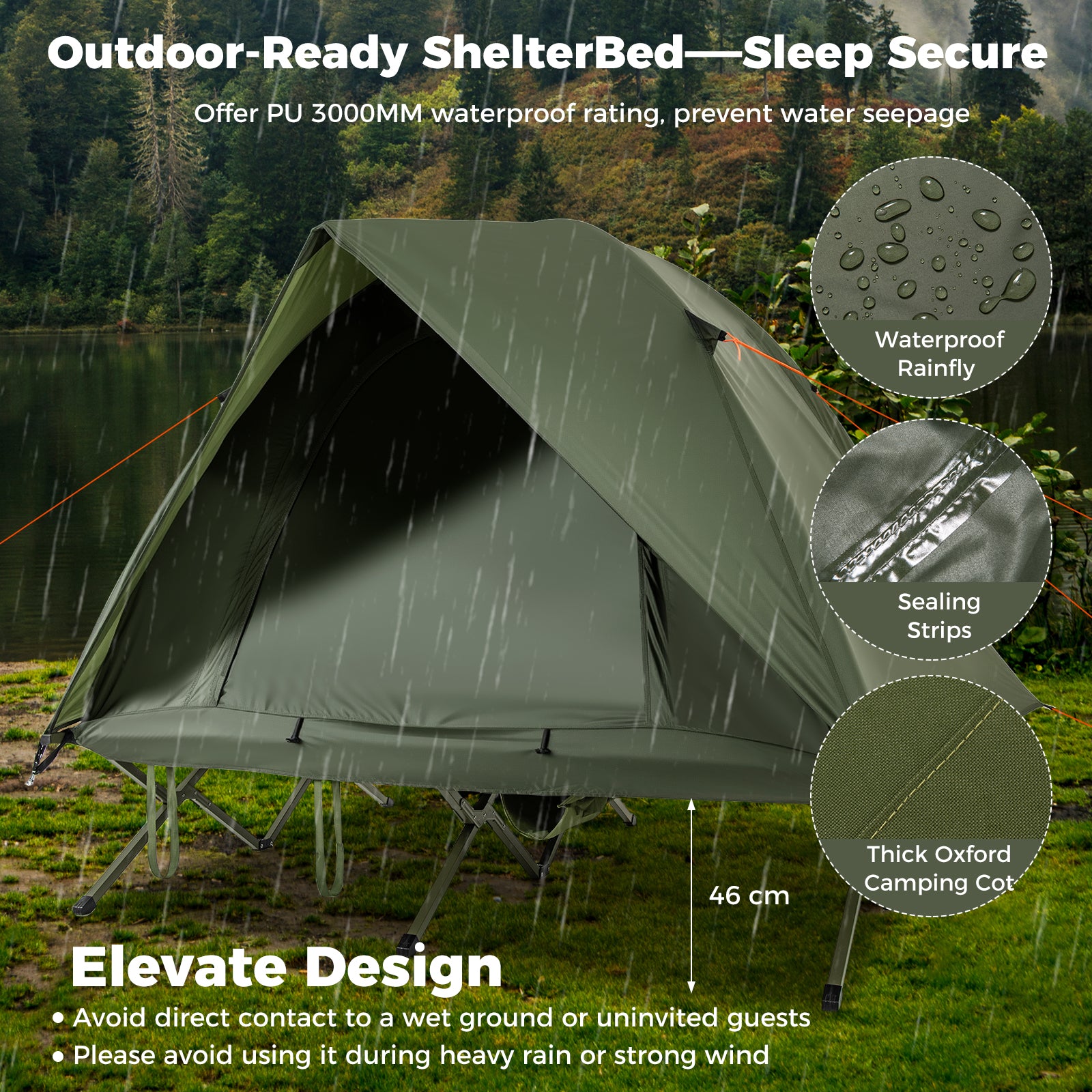 2-Person Camping Cot Tent Foldable Off-Ground Camping Combo for Adults-Green