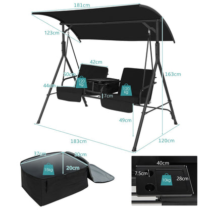 2 Person Outdoor Porch Swing with Canopy and 23L Cooler Bag-Black