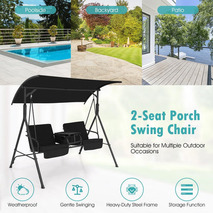 2 Person Outdoor Porch Swing with Canopy and 23L Cooler Bag-Black