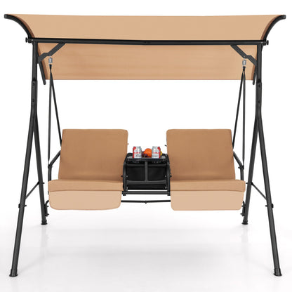 2 Person Outdoor Porch Swing with Canopy and 23L Cooler Bag-Brown