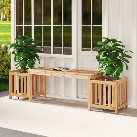 2 Person Patio Wooden Bench with Planter and 2 Side Flower Box-Natural