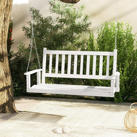 2/3 Person Wooden Outdoor Porch Swing with Adjustable Upper Chains-White-2 Person