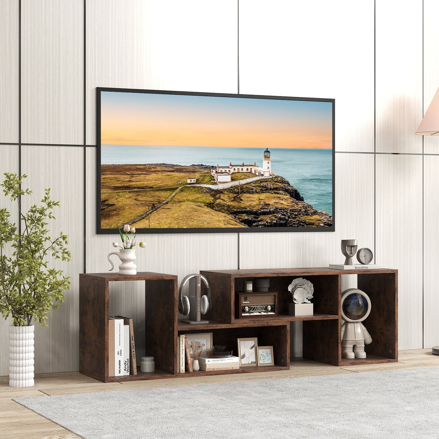 2-Piece Console TV Stand Modern Minimalist Entertainment Center-Rustic Brown