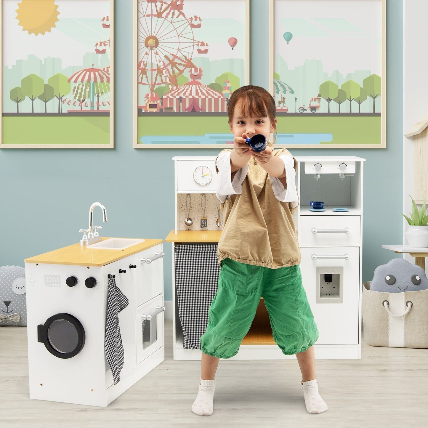 2 Pieces Kids Pretend Play Set with Stool and Real Sounds Light