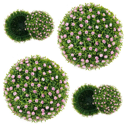 2 Pieces Artificial Plant Topiary Balls with Pink Flowers