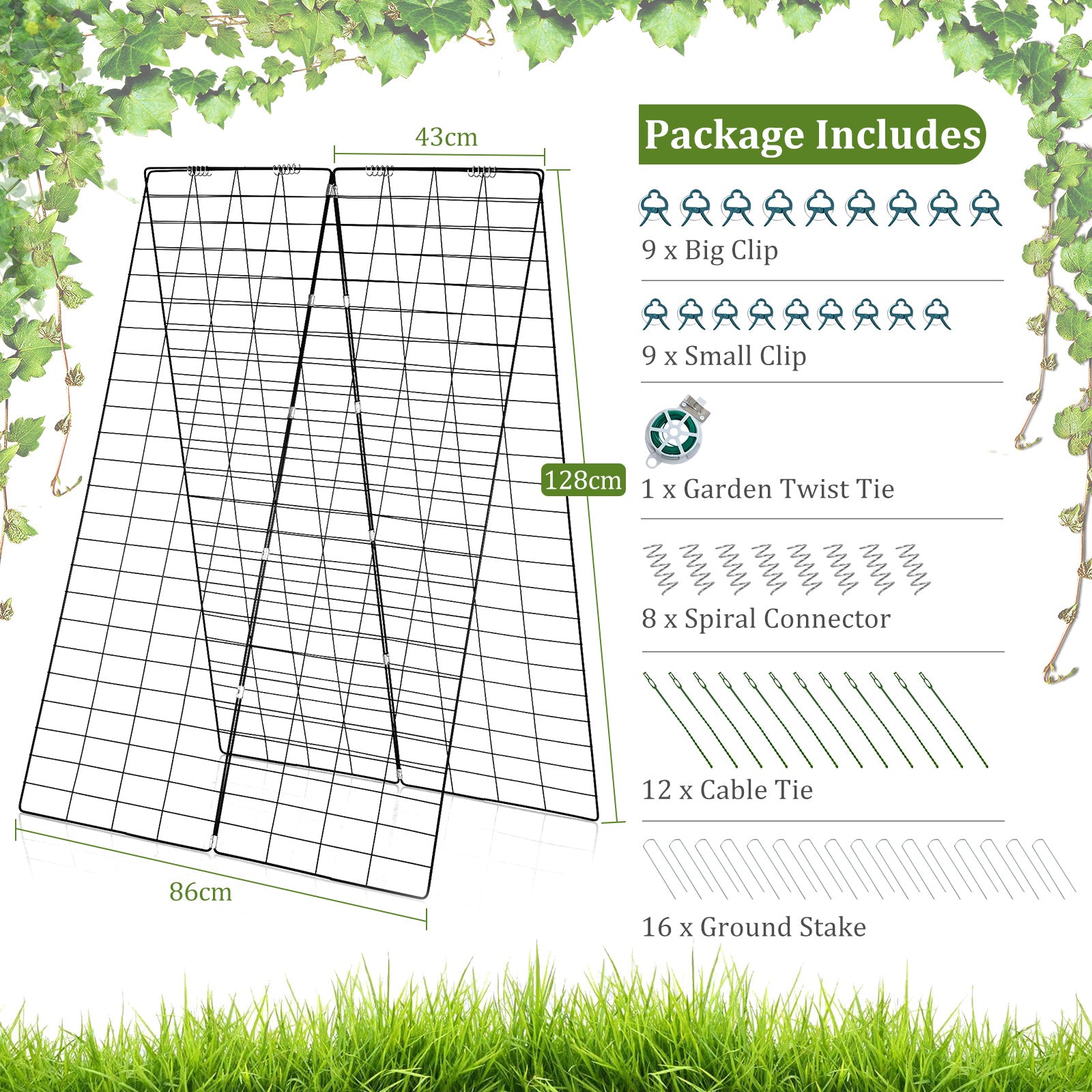 2-Pack Garden Cucumber Trellis with Accessories-Green