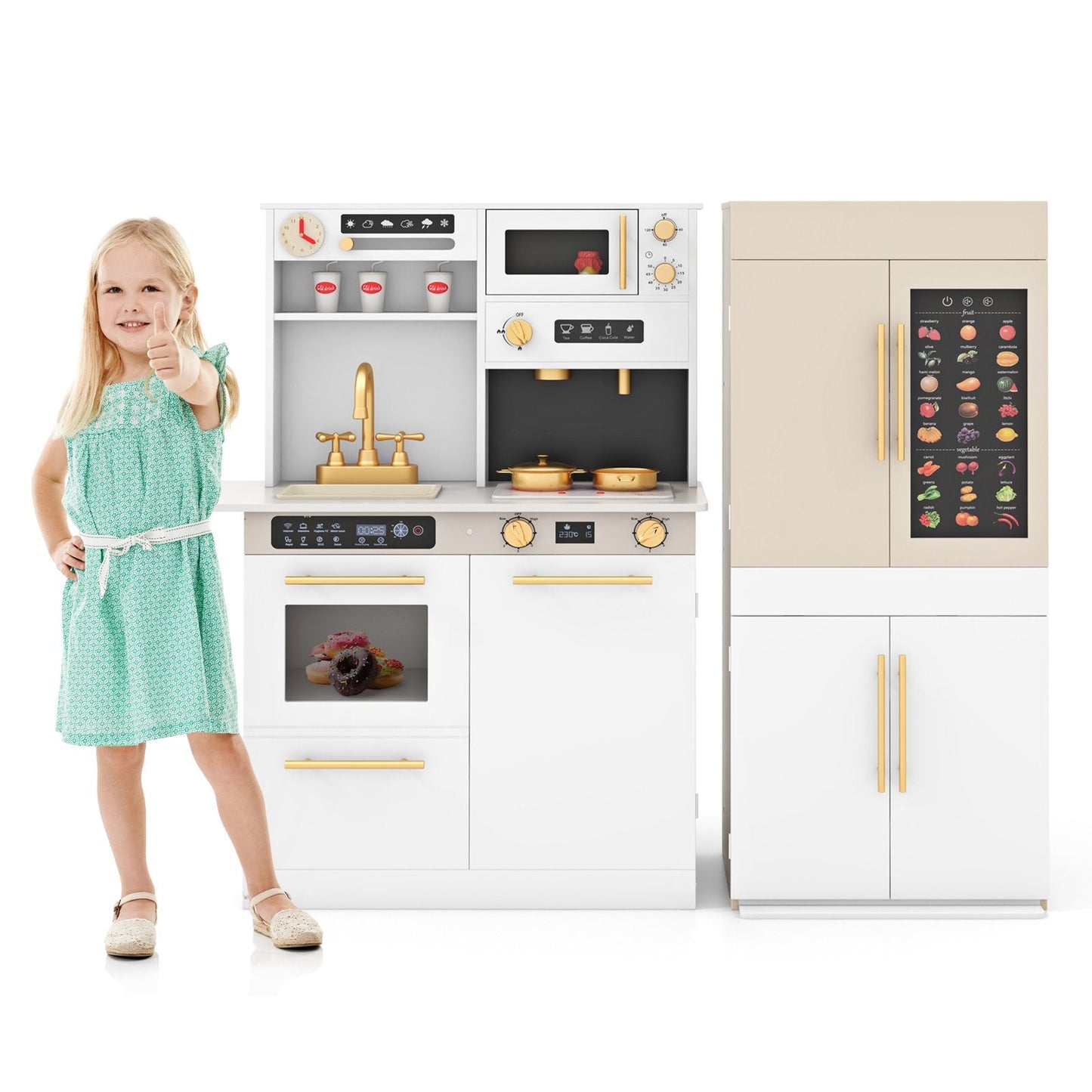 2 Pieces Kids Kitchen Playset Play Kitchen Refrigerator Combination-White