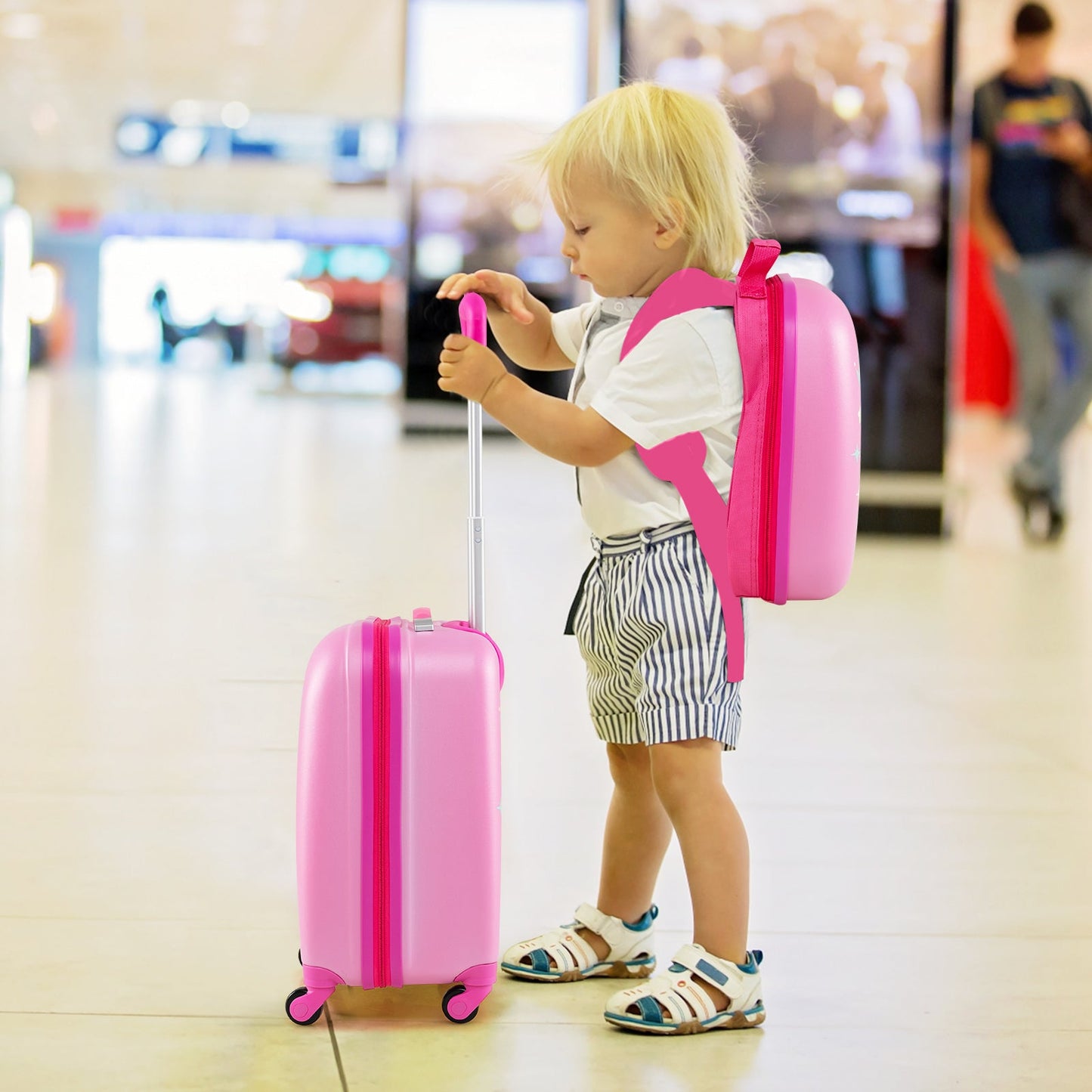 2 Pieces Kids Luggage Set with Wheels and Height Adjustable Handle-Rose