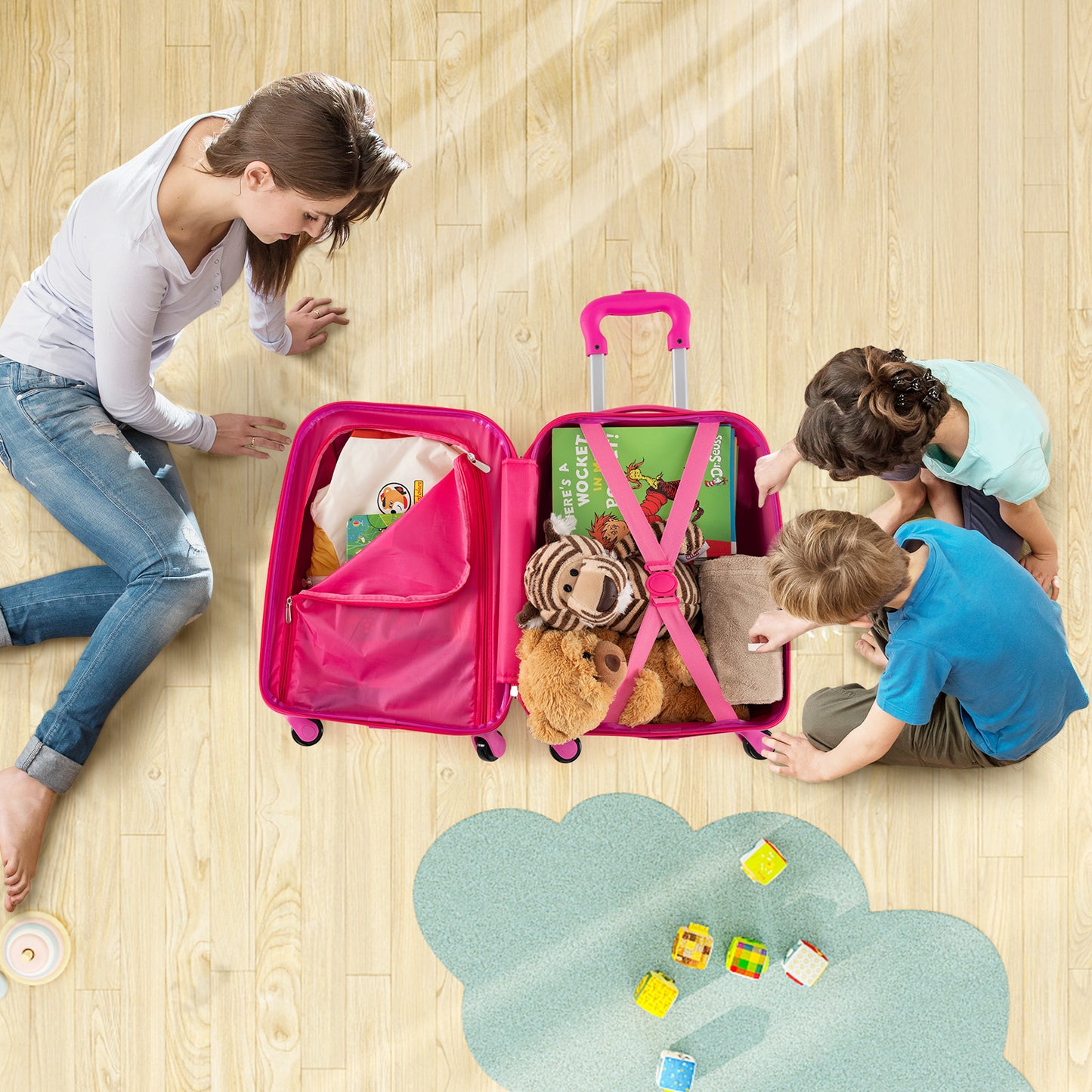 2 Pieces Kids Luggage Set with Wheels and Height Adjustable Handle-Rose