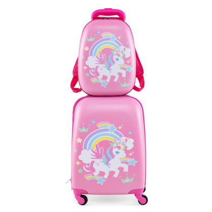 2 Pieces Kids Luggage Set with Wheels and Height Adjustable Handle-Rose