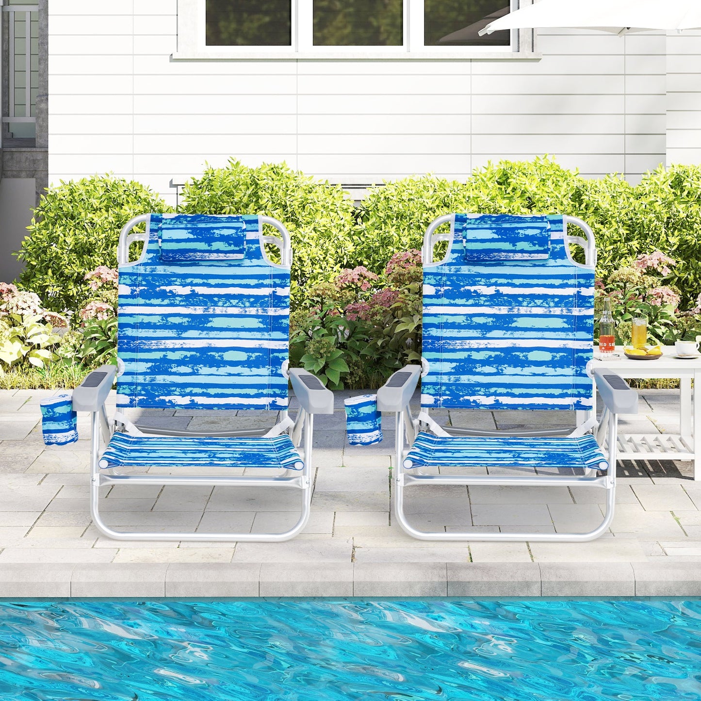 2 Pack Folding Beach Chair Lightweight Lay Flat Lounge Chair-Blue