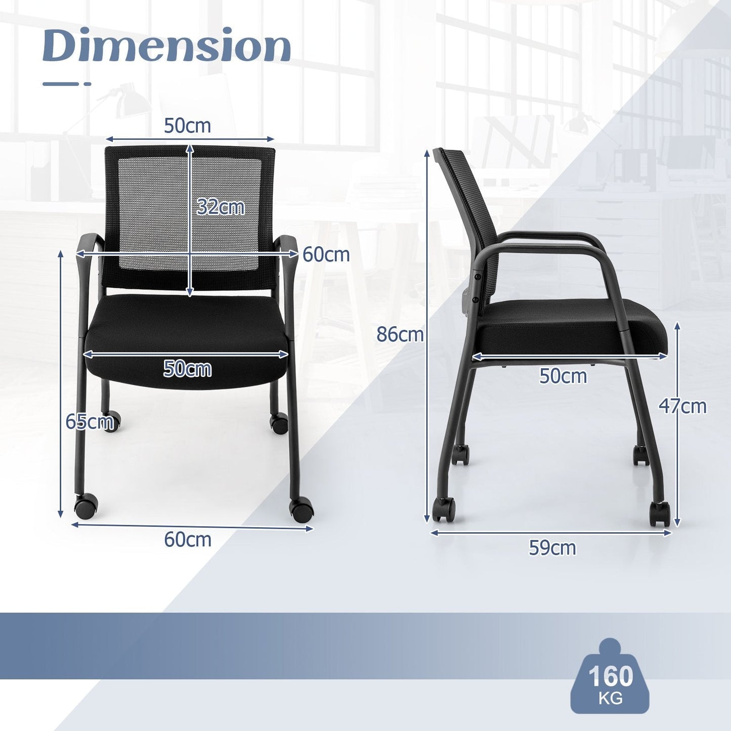 2 Pieces Office Guest Chairs on Wheels-Black