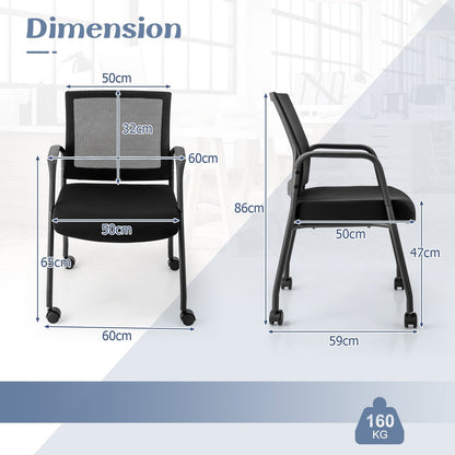 2 Pieces Office Guest Chairs on Wheels-Black